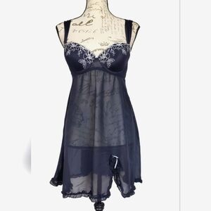 Inner Secrets Babydoll Slip Nightie Chemise Black White Embroidered Size Medium